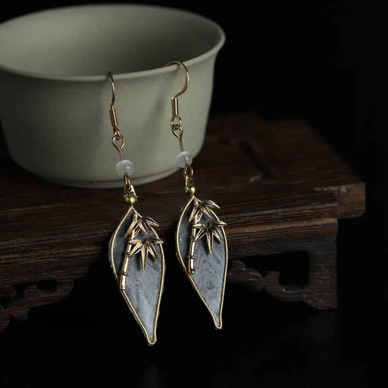 Fortune Jewel Handcrafted Silk Art Bamboo Design Copper Hook Luck Protection Dangle Earrings