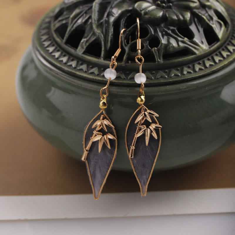 Fortune Jewel Handcrafted Silk Art Bamboo Design Copper Hook Luck Protection Dangle Earrings