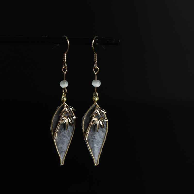 Fortune Jewel Handcrafted Silk Art Bamboo Design Copper Hook Luck Protection Dangle Earrings