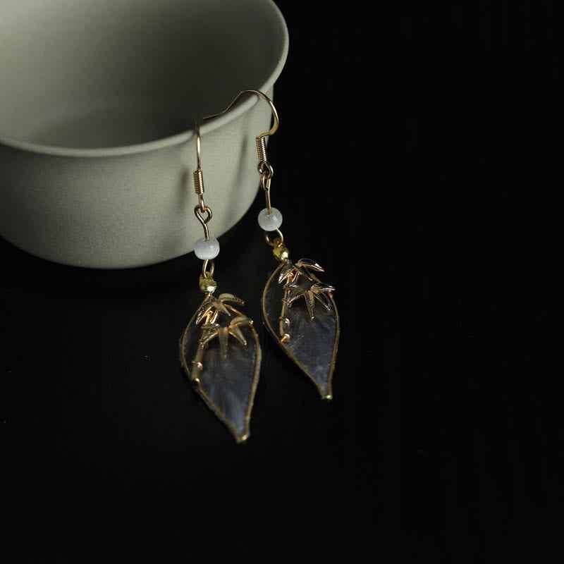 Fortune Jewel Handcrafted Silk Art Bamboo Design Copper Hook Luck Protection Dangle Earrings