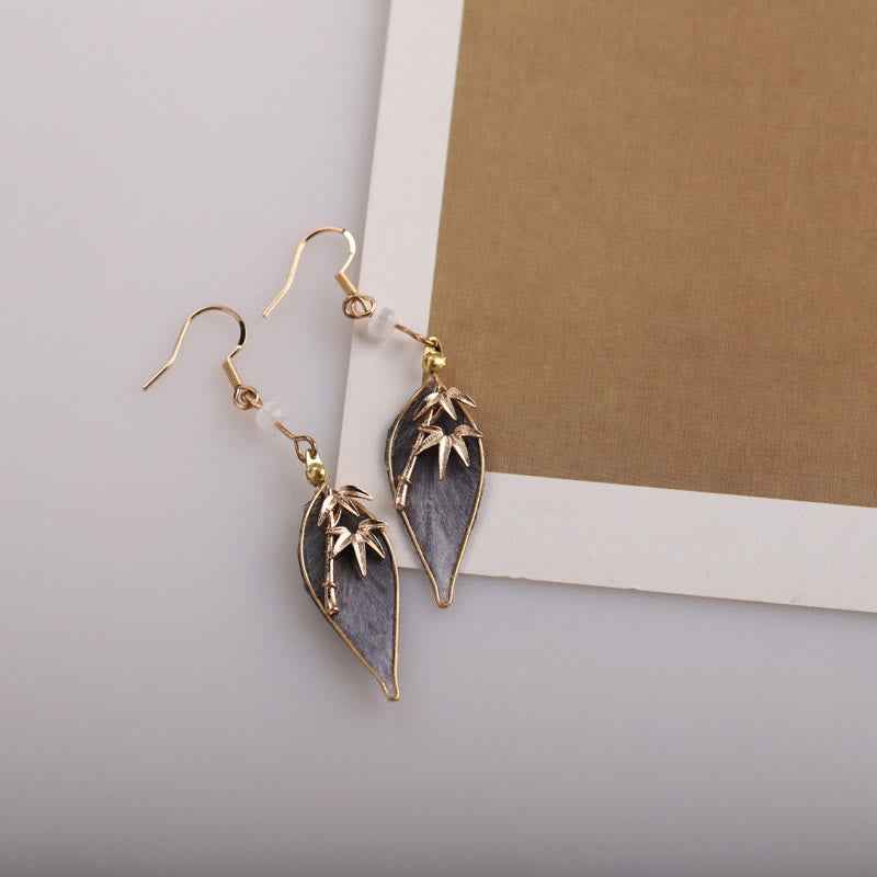 Fortune Jewel Handcrafted Silk Art Bamboo Design Copper Hook Luck Protection Dangle Earrings