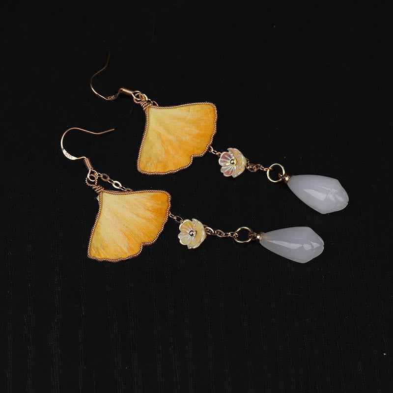 Fortune Jewel Handmade Silk Craft Yellow Ginkgo Leaf Copper Hook Good Fortune Dangle Earrings