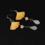 Fortune Jewel Handmade Silk Craft Yellow Ginkgo Leaf Copper Hook Good Fortune Dangle Earrings