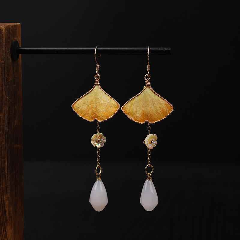 Fortune Jewel Handmade Silk Craft Yellow Ginkgo Leaf Copper Hook Good Fortune Dangle Earrings