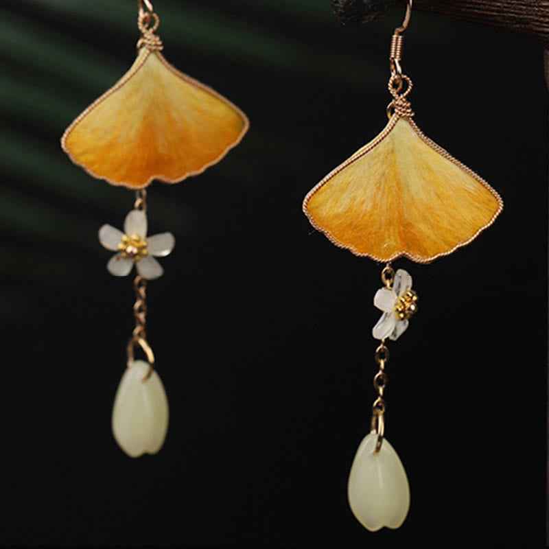Fortune Jewel Handmade Silk Craft Yellow Ginkgo Leaf Copper Hook Good Fortune Dangle Earrings