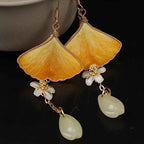 Fortune Jewel Handmade Silk Craft Yellow Ginkgo Leaf Copper Hook Good Fortune Dangle Earrings