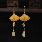 Fortune Jewel Handmade Silk Craft Yellow Ginkgo Leaf Copper Hook Good Fortune Dangle Earrings