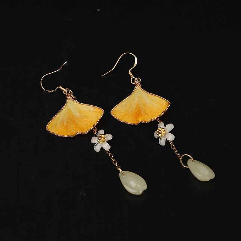Fortune Jewel Handmade Silk Craft Yellow Ginkgo Leaf Copper Hook Good Fortune Dangle Earrings
