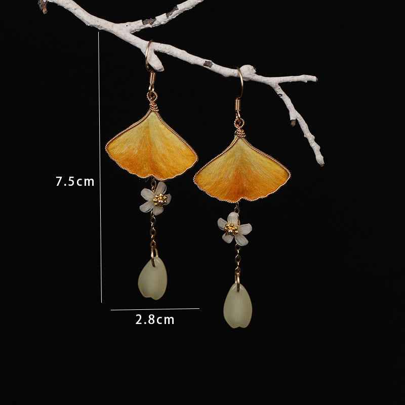 Fortune Jewel Handmade Silk Craft Yellow Ginkgo Leaf Copper Hook Good Fortune Dangle Earrings