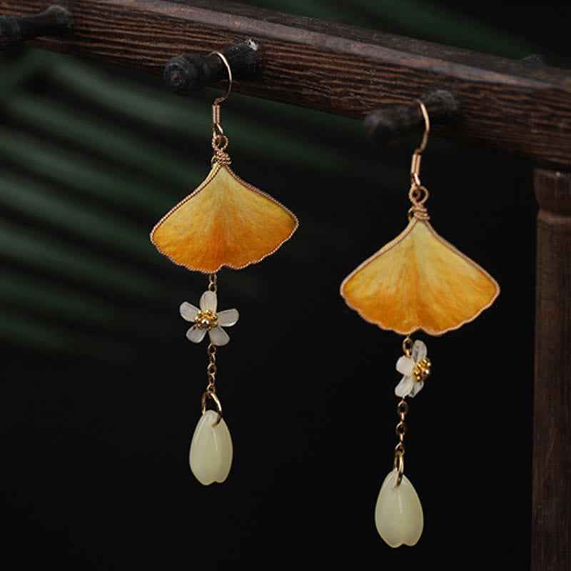 Fortune Jewel Handmade Silk Craft Yellow Ginkgo Leaf Copper Hook Good Fortune Dangle Earrings