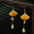 Fortune Jewel Handmade Silk Craft Yellow Ginkgo Leaf Copper Hook Good Fortune Dangle Earrings