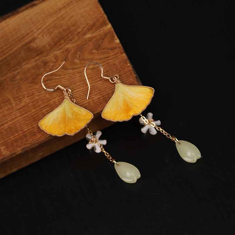Fortune Jewel Handmade Silk Craft Yellow Ginkgo Leaf Copper Hook Good Fortune Dangle Earrings