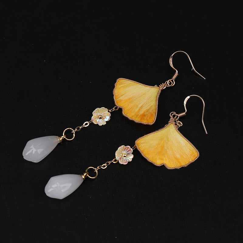 Fortune Jewel Handmade Silk Craft Yellow Ginkgo Leaf Copper Hook Good Fortune Dangle Earrings