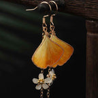 Fortune Jewel Handmade Silk Craft Yellow Ginkgo Leaf Copper Hook Good Fortune Dangle Earrings