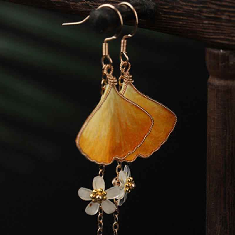 Fortune Jewel Handmade Silk Craft Yellow Ginkgo Leaf Copper Hook Good Fortune Dangle Earrings