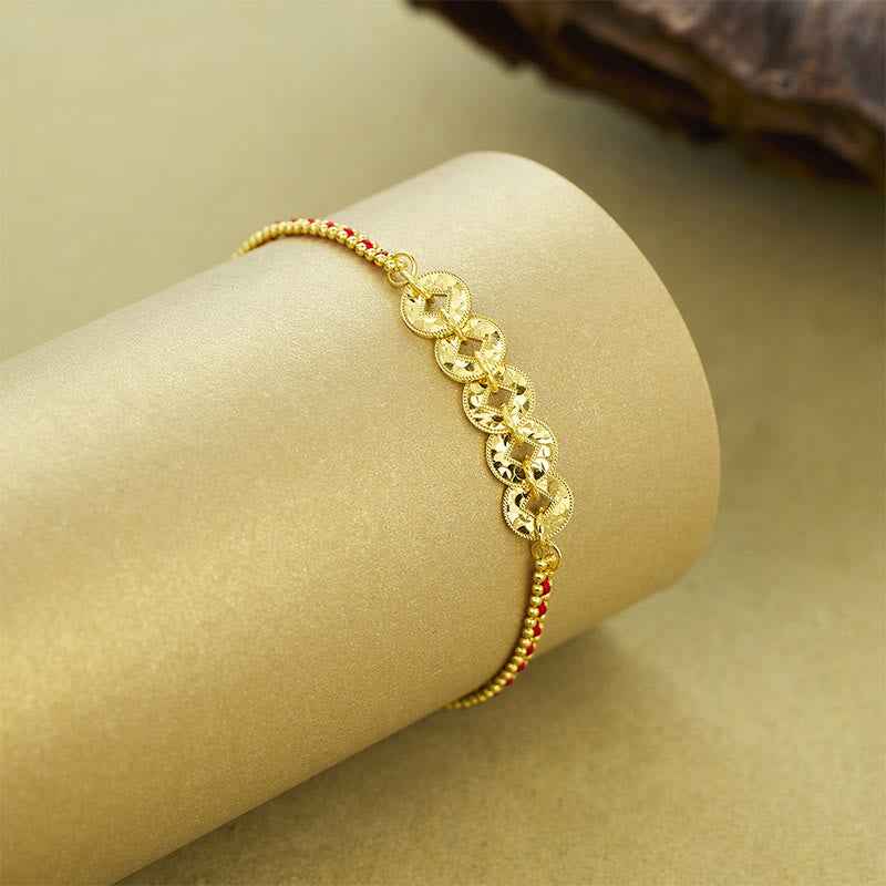 Fortune Jewel 925 Sterling Silver Five-Emperor Coins Red String Balance Bracelet