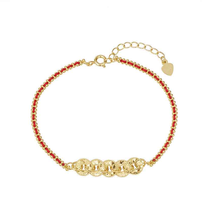 Fortune Jewel 925 Sterling Silver Five-Emperor Coins Red String Balance Bracelet