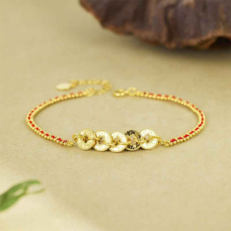 Fortune Jewel 925 Sterling Silver Five-Emperor Coins Red String Balance Bracelet