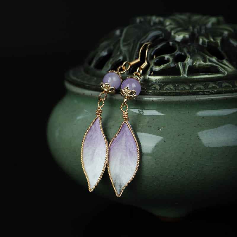 Fortune Jewel Silk Art Handmade Purple Gradient Petals Blessing Dangle Earrings