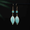 Fortune Jewel Handmade Cyan Leaf Copper Plated Silver Hook Protection Drop Earrings
