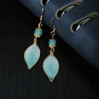 Fortune Jewel Handmade Cyan Leaf Copper Plated Silver Hook Protection Drop Earrings