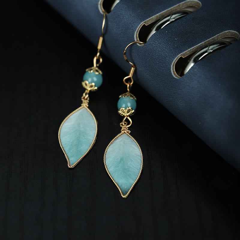 Fortune Jewel Handmade Cyan Leaf Copper Plated Silver Hook Protection Drop Earrings