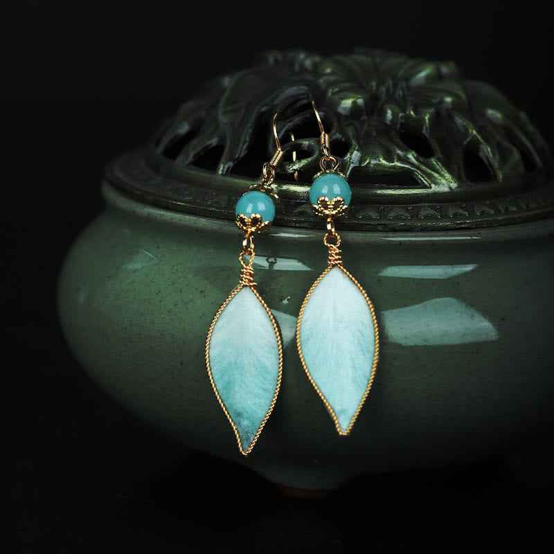 Fortune Jewel Handmade Cyan Leaf Copper Plated Silver Hook Protection Drop Earrings