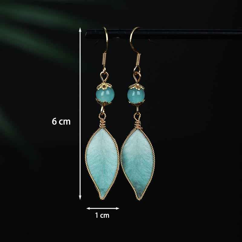 Fortune Jewel Handmade Cyan Leaf Copper Plated Silver Hook Protection Drop Earrings