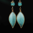 Fortune Jewel Handmade Cyan Leaf Copper Plated Silver Hook Protection Drop Earrings