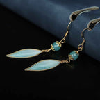 Fortune Jewel Handmade Cyan Leaf Copper Plated Silver Hook Protection Drop Earrings