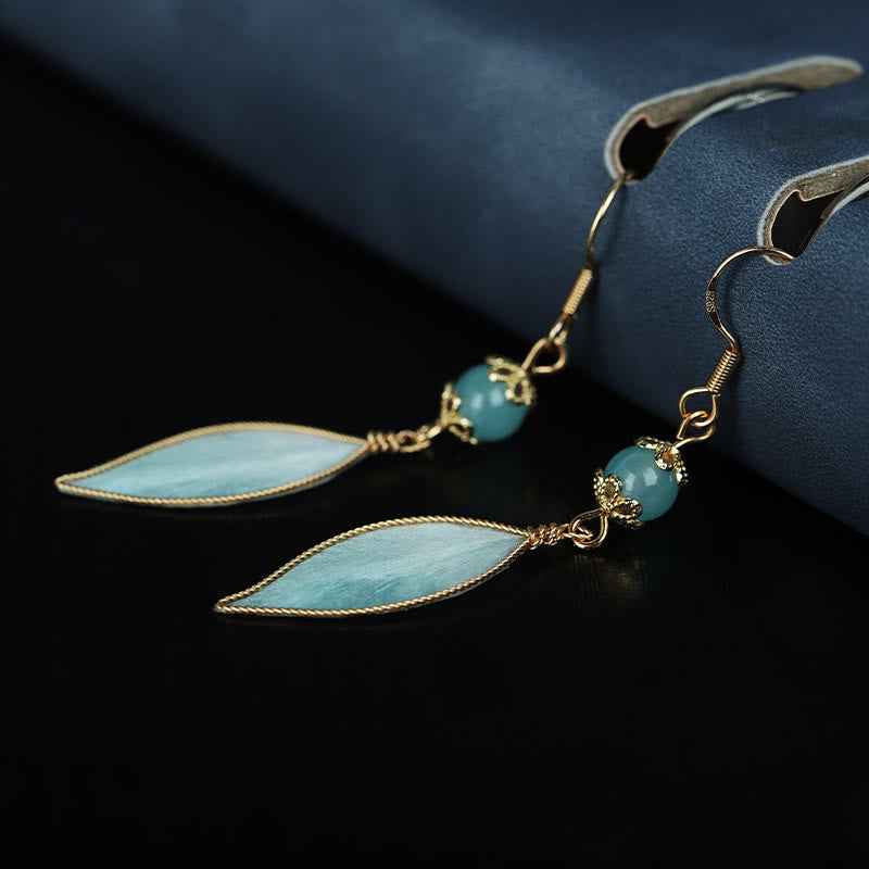 Fortune Jewel Handmade Cyan Leaf Copper Plated Silver Hook Protection Drop Earrings