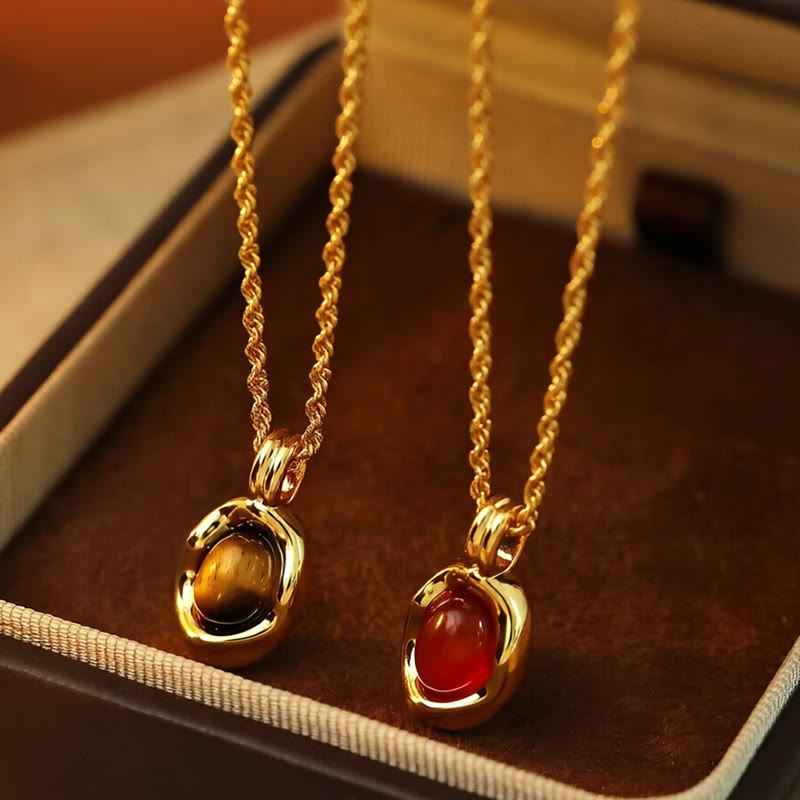 Fortune Jewel Tiger Eye Red Agate Copper Plated Gold Chain Properity Necklace Pendant