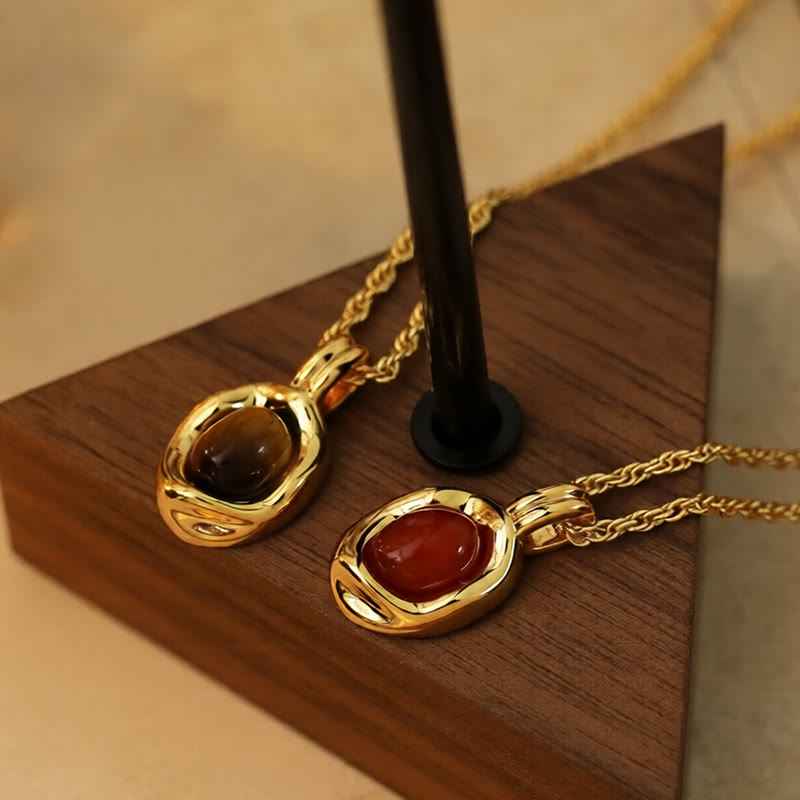 Fortune Jewel Tiger Eye Red Agate Copper Plated Gold Chain Properity Necklace Pendant