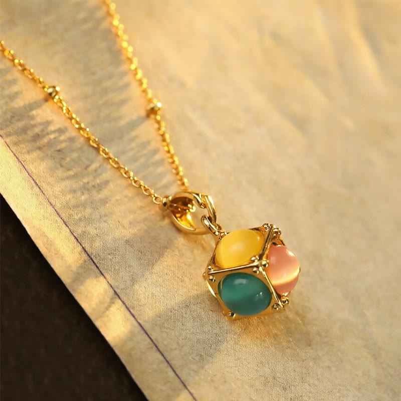 Fortune Jewel Multicolored Cat's Eye Inlaid Design Cube Protection Necklace Pendant