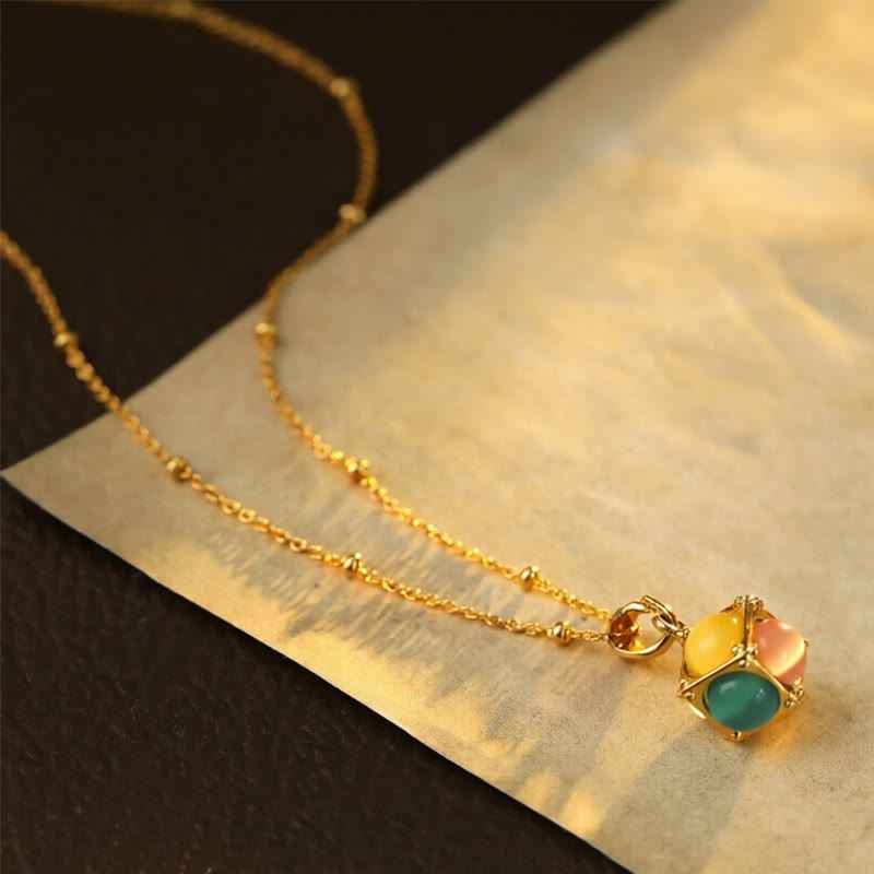Fortune Jewel Multicolored Cat's Eye Inlaid Design Cube Protection Necklace Pendant