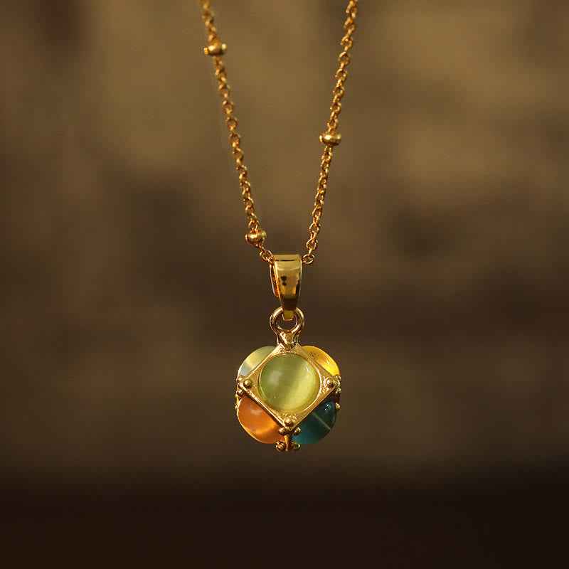 Fortune Jewel Multicolored Cat's Eye Inlaid Design Cube Protection Necklace Pendant