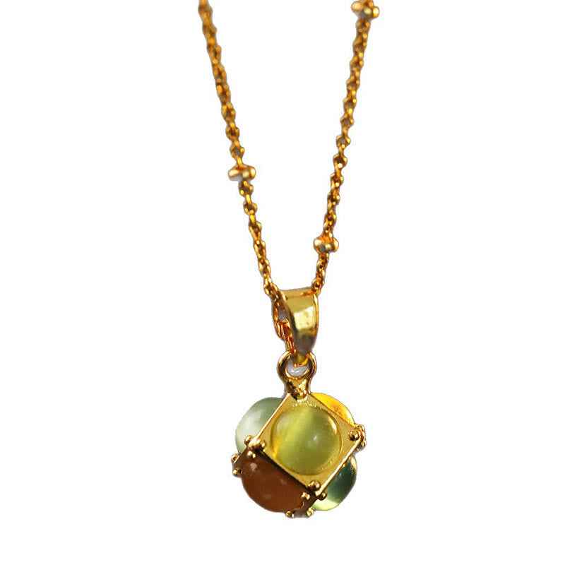 Fortune Jewel Multicolored Cat's Eye Inlaid Design Cube Protection Necklace Pendant
