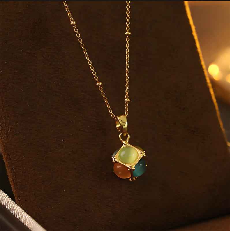 Fortune Jewel Multicolored Cat's Eye Inlaid Design Cube Protection Necklace Pendant