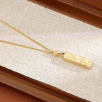 Fortune Jewel Rectangular Texture Design Copper Chain Luck Necklace Pendant