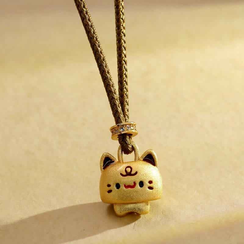 Fortune Jewel Cute Cat Copper Plated Gold Adjustable Braided Rope Protection Necklace Pendant