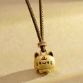 Fortune Jewel Cute Cat Copper Plated Gold Adjustable Braided Rope Protection Necklace Pendant
