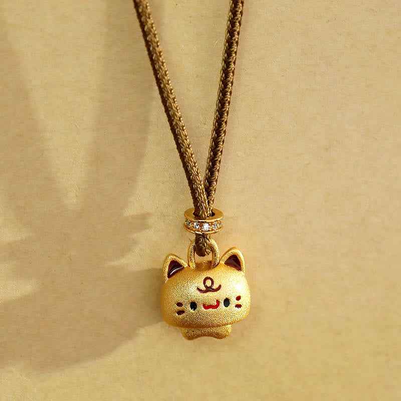 Fortune Jewel Cute Cat Copper Plated Gold Adjustable Braided Rope Protection Necklace Pendant