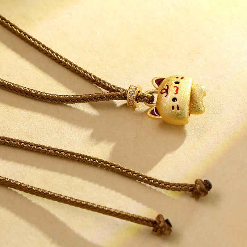 Fortune Jewel Cute Cat Copper Plated Gold Adjustable Braided Rope Protection Necklace Pendant