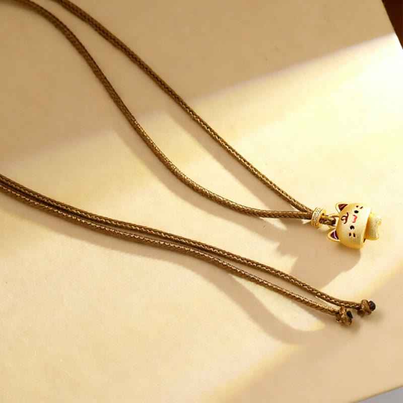Fortune Jewel Cute Cat Copper Plated Gold Adjustable Braided Rope Protection Necklace Pendant