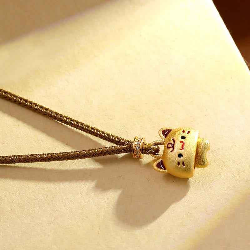 Fortune Jewel Cute Cat Copper Plated Gold Adjustable Braided Rope Protection Necklace Pendant