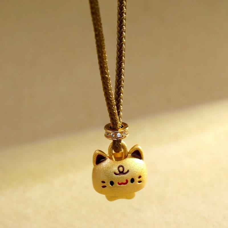 Fortune Jewel Cute Cat Copper Plated Gold Adjustable Braided Rope Protection Necklace Pendant