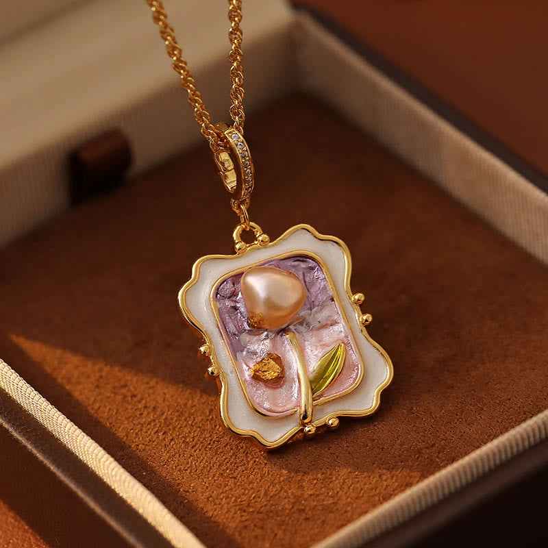 Fortune Jewel Flower Oil Painting Pearl Copper Healing Necklace Pendant