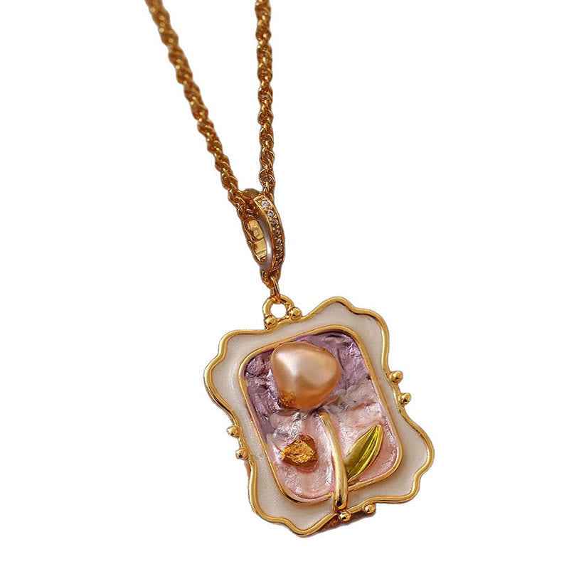 Fortune Jewel Flower Oil Painting Pearl Copper Healing Necklace Pendant