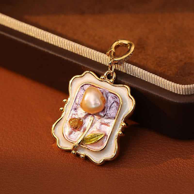 Fortune Jewel Flower Oil Painting Pearl Copper Healing Necklace Pendant