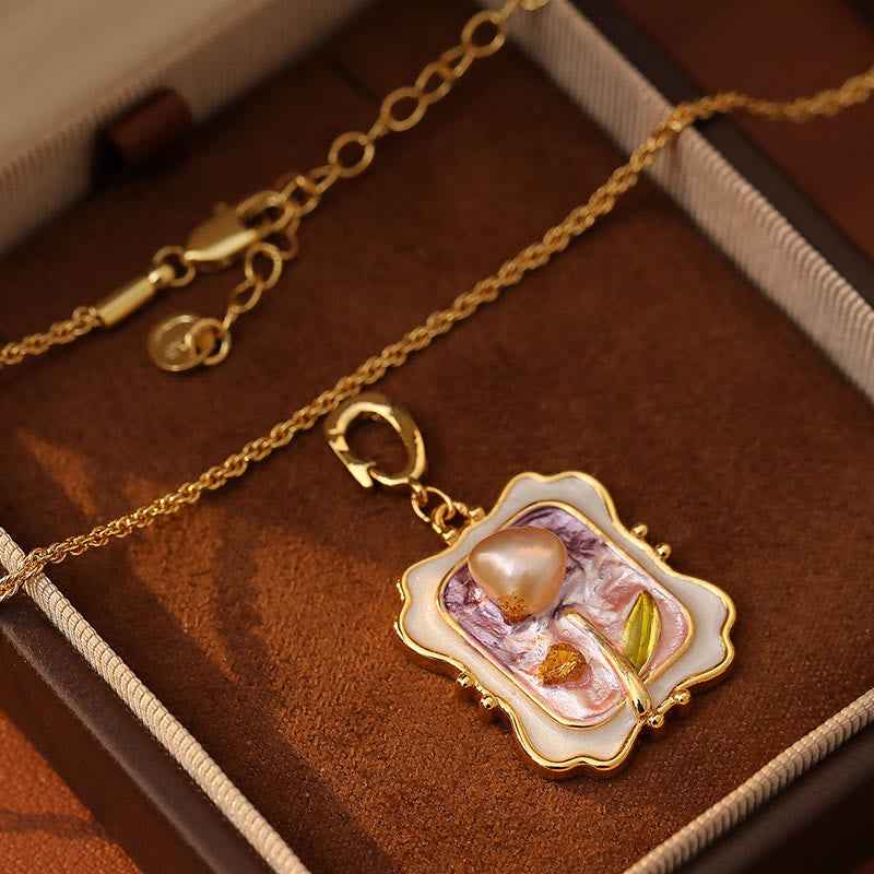 Fortune Jewel Flower Oil Painting Pearl Copper Healing Necklace Pendant